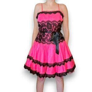 Vintage 80s Hot Pink and Black Lace Rock n Roll Saloon Mini Dress